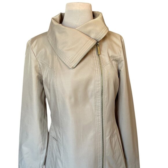 Michael Kors Asymmetrical Cotton Blend Trench Coat Draped Collar Tan, Size Small - Picture 5 of 14